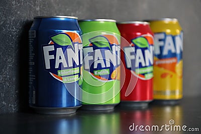 KYIV, UKRAINE - 4 MAY, 2023: Fanta soft drink brand tin cans with various flavours Editorial Stock Photo