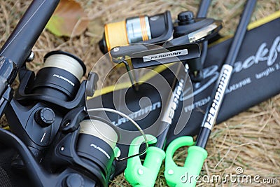 KYIV, UKRAINE - 4 MAY, 2023 Fishing equipment of Flagman brand. Flagman company is one of unconditional leaders of the Editorial Stock Photo