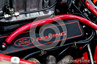 Kyiv, Ukraine - May 18, 2021: Ford racing logo on the car engine Editorial Stock Photo