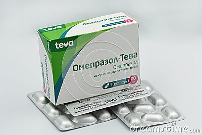 Omeprazole generic drug box by Teva closeup against white Editorial Stock Photo