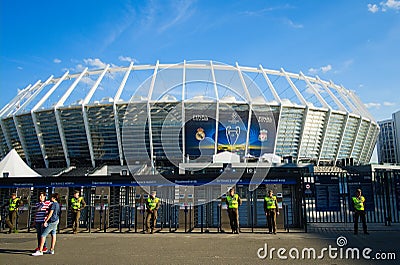 Police mans around NSC Olympic stadium before the final match of UEFA Champions League in Kyiv in 2018 Editorial Stock Photo