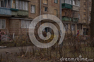 Kyiv, Ukraine - November 26, 2023: Damaged house due to downed drone falling into yard Editorial Stock Photo