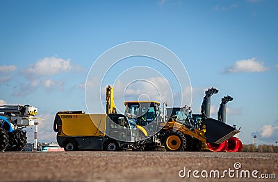 Kyiv, Ukraine - November 5, 2019: Jetbroom BOSCHUNG. Snowplow Snowbooster B6 airport division. Snowblow tractor - Editorial Stock Photo