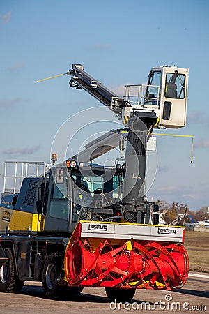 Kyiv, Ukraine - November 5, 2019: Jetbroom BOSCHUNG. Snowplow Snowbooster B6 airport division. Snowblow tractor - Editorial Stock Photo