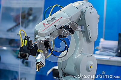 Kyiv, Ukraine - November 22, 2018: Mitsubishi Electric robot arm Editorial Stock Photo