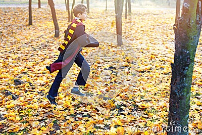 Cute boy in glasses stands in autumn park with gold leaves, holds book in his hands, Editorial Stock Photo