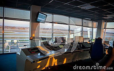 Kyiv, Ukraine - October 18, 2019: Soft focus. The workplace of an air traffic controller. Background - Airport Dispatch Editorial Stock Photo