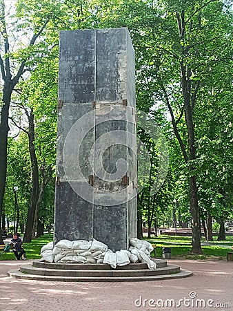 KYIV, UKRAINE: Projectile-protected monument to Kotlyarevsky in Kotlyarevsky square in Kyiv Editorial Stock Photo