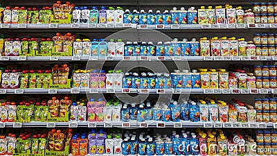 Kyiv, Ukraine - 4 September, 2023: Inside the Auchan supermarket. Showcase with baby food products Editorial Stock Photo