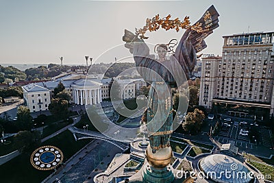 Kyiv, Ukraine - September, 2021: Maidan Nezalezhnosti square - aerial drone view. Monument of Independence - Berehynia Editorial Stock Photo