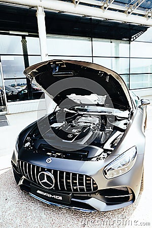 Kyiv, Ukraine - September 2, 2017: Mercedes-Benz GTs Open hood and engine view Editorial Stock Photo