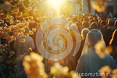 kyiv, ukrainians celebrate orthodox easter near church in may , lens flare, yellow and golden Stock Photo