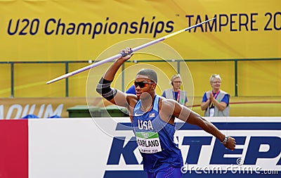 KYLE GARLAND USA on javelin throw in decathlon on the IAAF World U20 Championship in Tampere, Finland Editorial Stock Photo