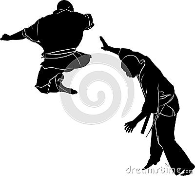 Kyokushinkai Karate. Silhouette of a karateka doing standing side kick Vector Illustration