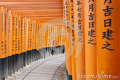 Orange wooden torii tunnel in Fushimi Inari Taisha Shrine. It is one of the most famous place for tourist Editorial Stock Photo