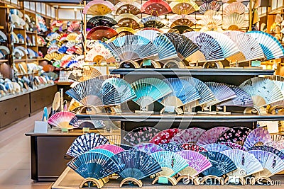 Kyoto, Japan - 2 Mar 2018: Traditional Japanese folding fan is arranged on the display shelf in front of souvenir shops, ready to Editorial Stock Photo