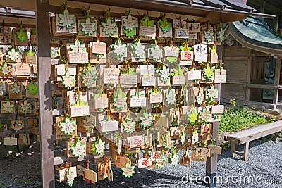 Traditional wooden prayer tablet Ema at Kifune Shrine in Kyoto, Japan Editorial Stock Photo