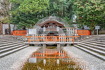 Inoue-sha or Mitarashi Sha small shrine and Mitarashi-no-ike pond. Kyoto, Japan Editorial Stock Photo