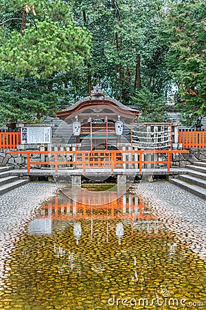 Inoue-sha or Mitarashi Sha small shrine and Mitarashi-no-ike pond. Kyoto, Japan Editorial Stock Photo
