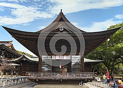 Japan biggest copper suzu bell in the suzudo hall of Miyajidake Shrine in Fukuoka. Editorial Stock Photo