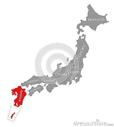 Kyushu red highlighted in map of Japan Cartoon Illustration
