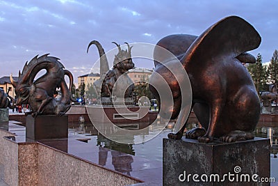 Kyzyl, Tuva - August 10, 2015: Monument to the center of Asia in the capital of Tuva, the city of Kyzyl, Russia. Sights of Kyzyl, Editorial Stock Photo