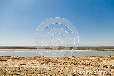The Kyzylkum desert and the Amu Darya River. Stock Photo