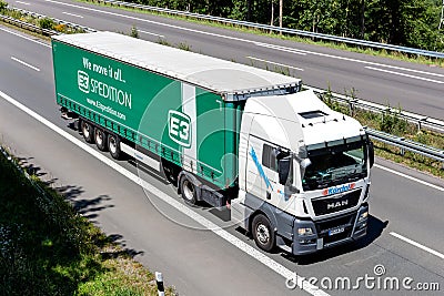 Truck with E3 Spedition curtainside trailer Editorial Stock Photo