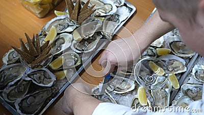 Küche des Restaurants, viele Austern auf einem großen Behälter Gefunden auf Eis mit Zitrone Verziert, bevor der Gast gedient wird stock footage Küche des Restaurants, viele Austern auf einem großen Behälter Gefunden auf Eis mit Zitrone Verziert, bevor der Gast gedient wird stock footage