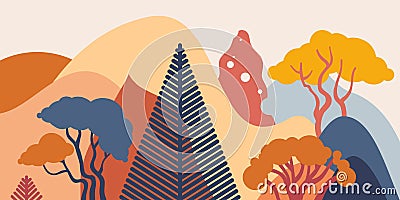 Mountain hilly landscape with tropical plants and trees, palms, succulents. Asian landscape in warm pastel colors. Vector Illustration