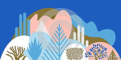 Merry Christmas. Winter hilly landscape with trees and plants. Scandinavian style. Environmental protection, ecology. Vector Illustration