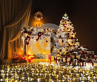 Luci del camino dell'albero di natale della stanza, interno ... Disegno Natale camino