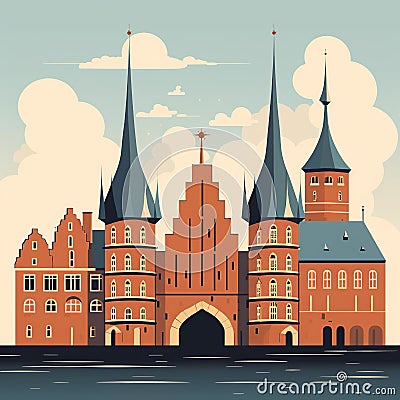 Lübeck's Medieval Grace: Holstentor Gate and Church Spires Cartoon Illustration