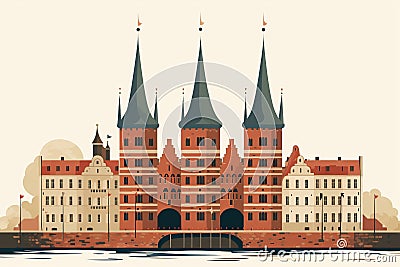 Lübeck's Medieval Grace: Holstentor Gate and Church Spires Cartoon Illustration