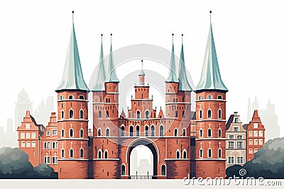 Lübeck's Medieval Grace: Holstentor Gate and Church Spires Cartoon Illustration