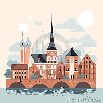 Lübeck's Medieval Grace: Holstentor Gate and Church Spires Cartoon Illustration