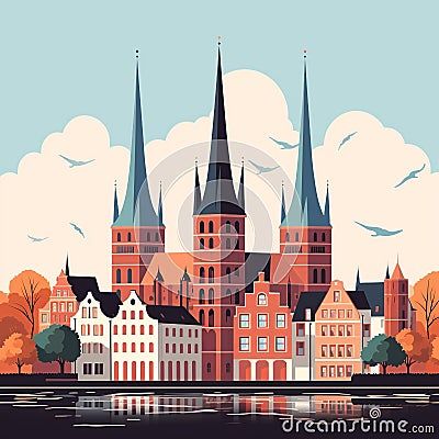 Lübeck's Medieval Grace: Holstentor Gate and Church Spires Cartoon Illustration