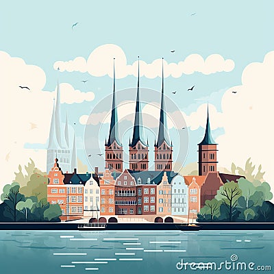 Lübeck's Medieval Grace: Holstentor Gate and Church Spires Cartoon Illustration