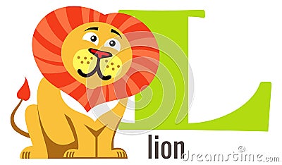 L for lion. Alphabet card with cartoon animal Vector Illustration