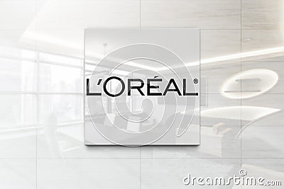 L oreal on glossy office wall realistic texture Editorial Stock Photo