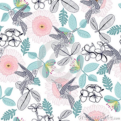 L pattern of decortive plumeria and gerbera flowers and humming-bird Vector Illustration