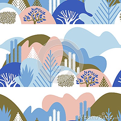 Merry Christmas. Seamless pattern with winter hilly landscape with trees and plants. Vector Illustration