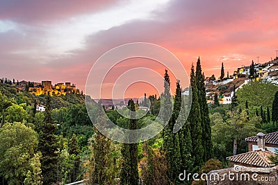 La Alhambra and Sacromonte during sunset 4 Editorial Stock Photo