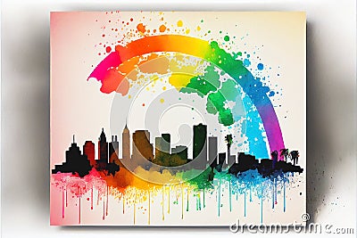 LA, California, USA rainbow silhouette city skyline framed Stock Photo