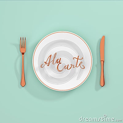 A la carte Quote Typographical Background with fork and knife 3D rendering 3D illustration Cartoon Illustration