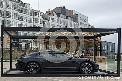 La Coruna, Spain - June 1, 2022: Showing a new car model Porsche, taycan, 4s Editorial Stock Photo