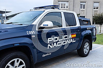 Policia Nacional sign on the side of Spanish National Police Corps vehicle. Policia nacional Editorial Stock Photo