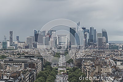 La Defense district and buildings of Paris, France, viewed from top of the Arc de Triomphe Stock Photo