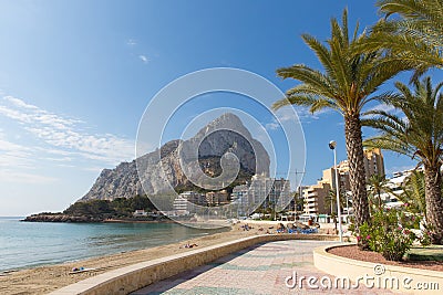 La Fossa beach Calp Spain Costa Blanca with view of the rock landmark PeÃ±Ã³n de Ifach Stock Photo