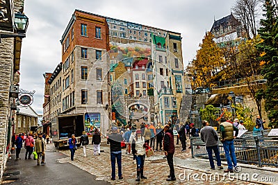 Quebec City Mural in Old Quebec, Quebec Province, Canada. Editorial Stock Photo